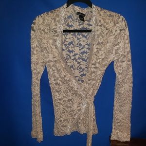 Moda International / Medium / Light Tan Sheer Lace Wrap Top